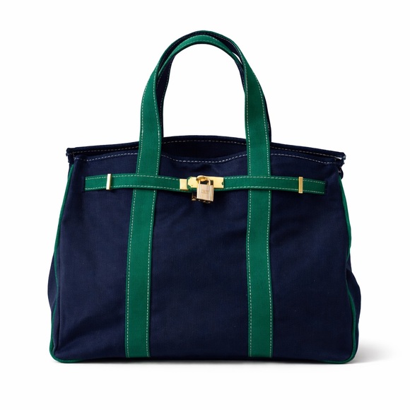 Boatkin Canvas Boat Tote Navy w/Green Piping, Includes Free Lock & Makeup Pouch - Picture 5 of 11